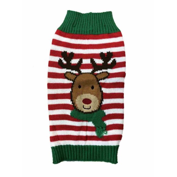 Dog Sweater Pet Costume Red Striped Reindeer Christmas Holiday Green NEW - Picture 1 of 2